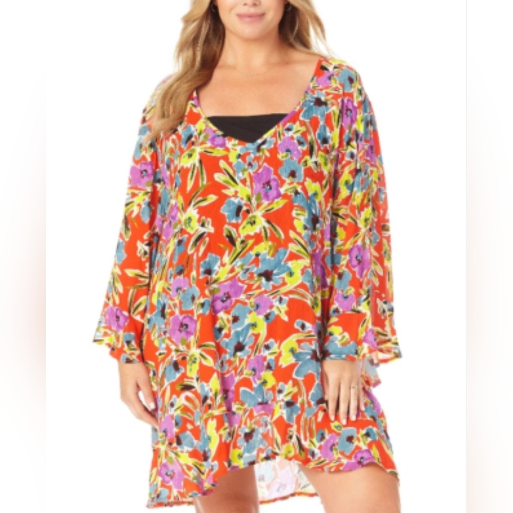 ANNE COLE V-Neck Flounce Tunic Cover-Up- Swimsuit Cover - Swim Dress -Size L/XL